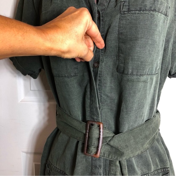 Lucky Brand Linen Blend Army Green Button Closure Pockets Belted Midi Dress S - Picture 4 of 15